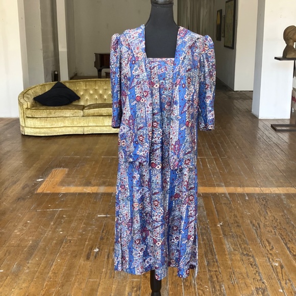 Blue, white and red vintage handmade floral, dress and jacket set - Picture 7 of 12